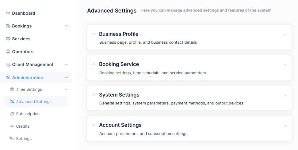 docs.makebooking.online - Make Booking Online, Advanced Settings Menu